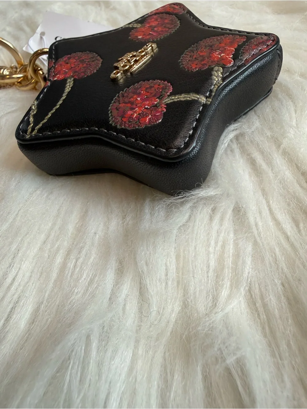 Coach Star Bag Charm with Cherry Print Gold Black Red Multi Leather CDA87 NWT